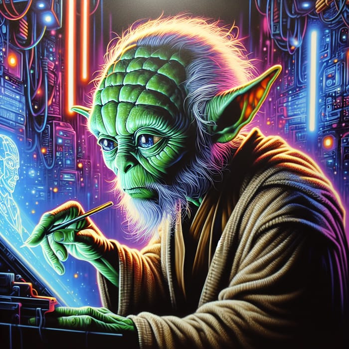 Yoda: Cyberpunk Hacker with Futuristic Technology | Mixed Media Art