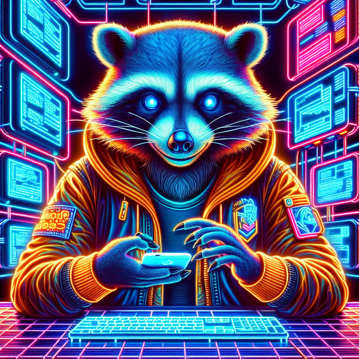 Futuristic Cyber Data Center with Raccoon in Hacker Jacket