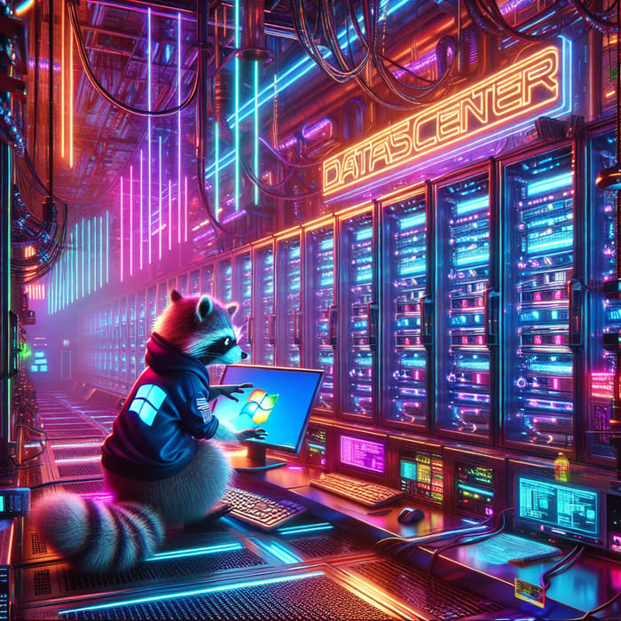 Neon Cyberpunk Data Center with Mischievous Raccoon
