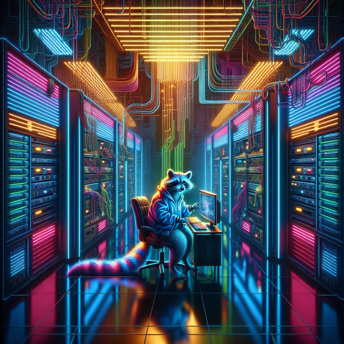 Neon Cyber-Themed Data Center with Mysterious Raccoon