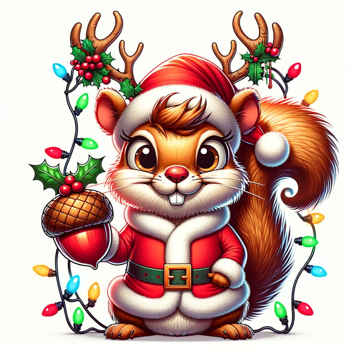 Whimsical Cartoon Squirrel in Santa Suit with Reindeer Antlers
