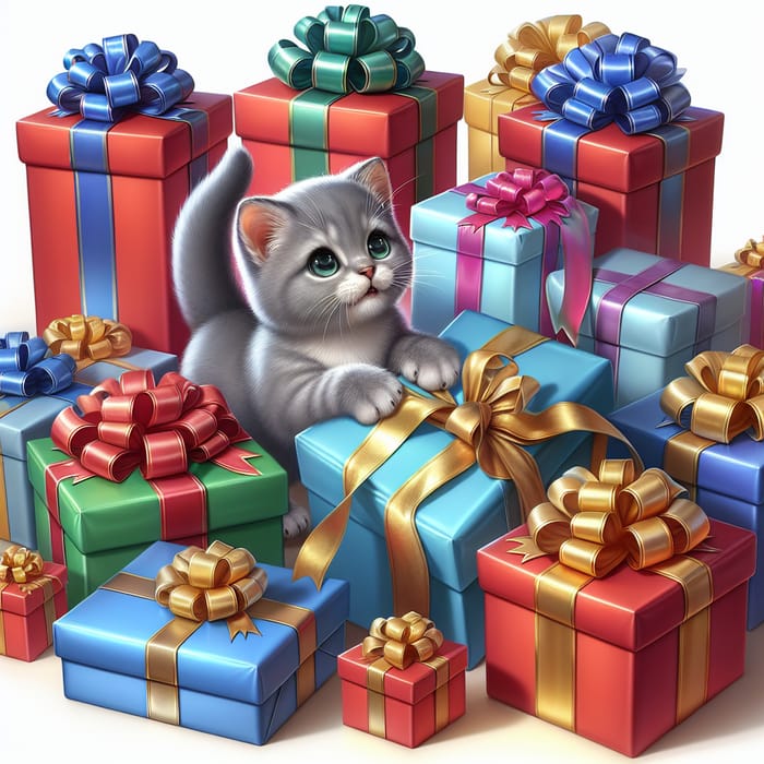 Engaging Grey Kitten Playing with Colorful Gift Boxes