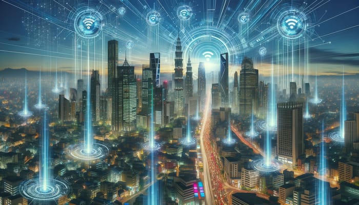 Futuristic Cityscape with High-Speed Data Transfer