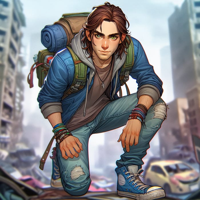 Young Hero in a Dystopian Cartoon Landscape