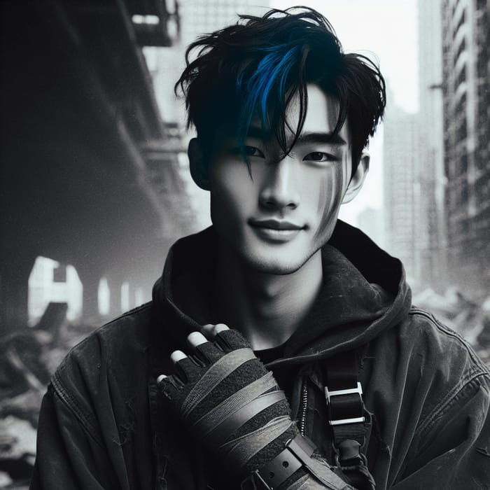 Resilient Asian Man in Post-Apocalyptic Setting | Black and Blue Aesthetic