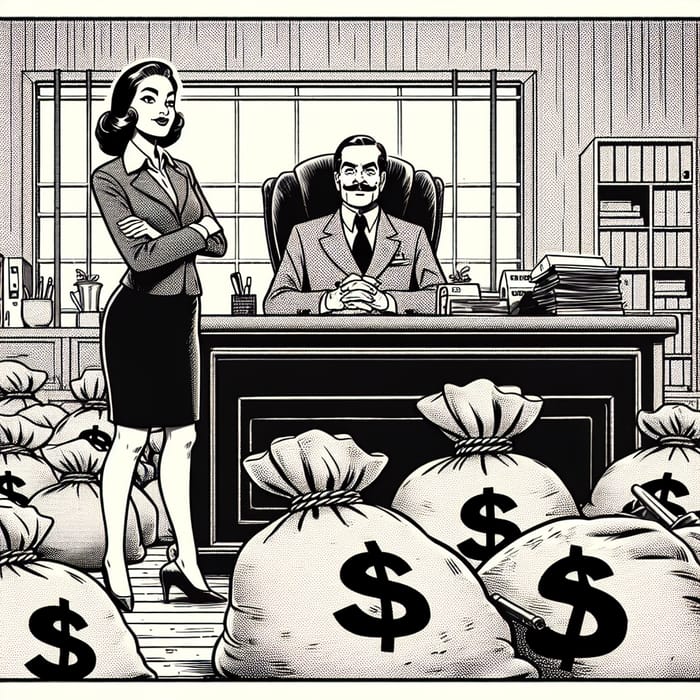 Comical BW Cartoon: Manager & Female Secretary in Office with Hemp Sacks