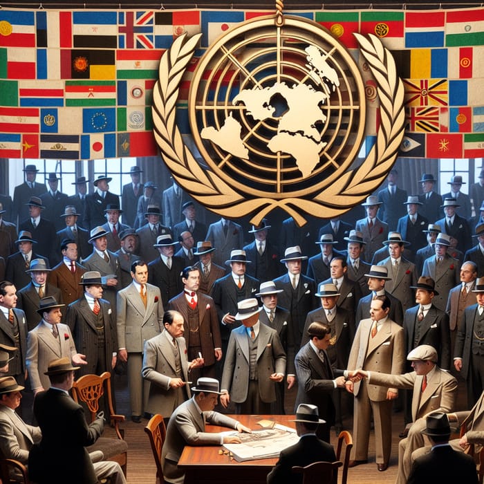 1920s Themed Scene of 81 People in Al Capone Attire Making Deals with UN Flags and 1961 Sign