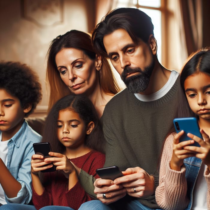 Multicultural Family with Parents and Kids Using Smartphones