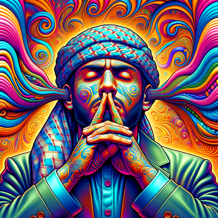 Psychedelic Middle Eastern Man Silently Pleads for Quiet