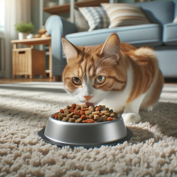 Cat Eating Cat Food on Living Room Rug