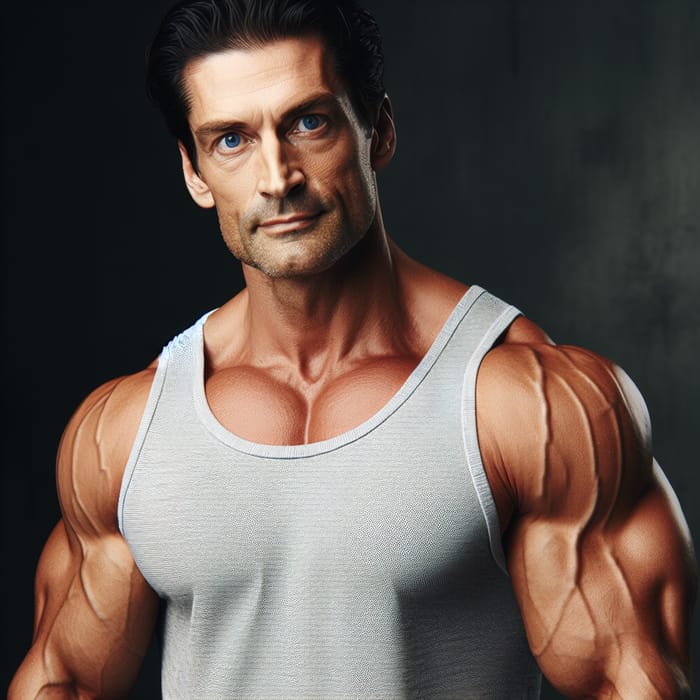 Muscular Man with Black Hair and Blue Eyes | Age 40