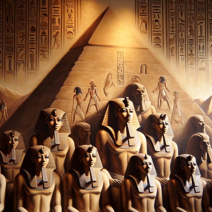 Ancient Egyptian Pyramid Society: Carved Faces, Hieroglyphics, Warm Lighting