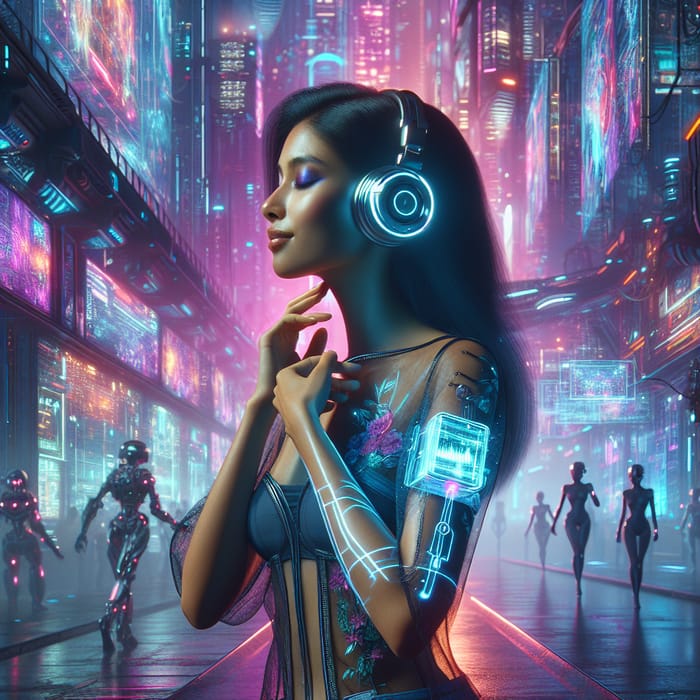 Futuristic Cyberpunk World: South Asian Woman with Wireless Headphones
