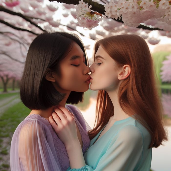 Romantic Kiss in Cherry Blossom Garden