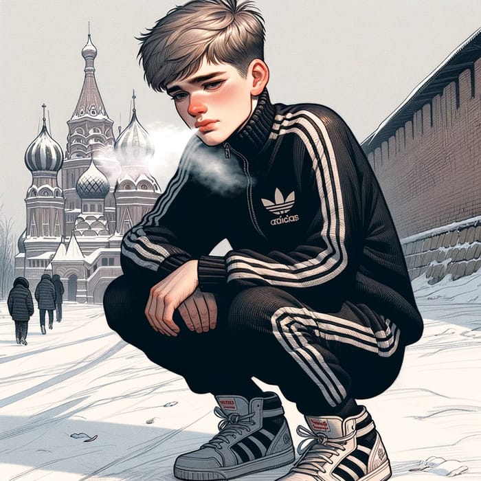 Depressed 18 Y.O. Boy in Winter Russia with Nike Air Jordan 1 and Black Adidas Pants