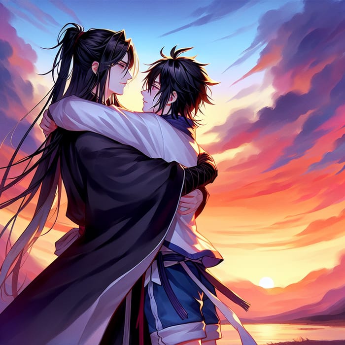 Itachi and Sasuke Embracing at Vibrant Sunrise