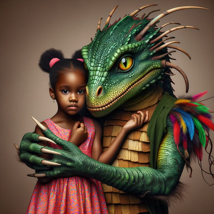 Black Girl Embraced by Enchanting Reptilian Guardian