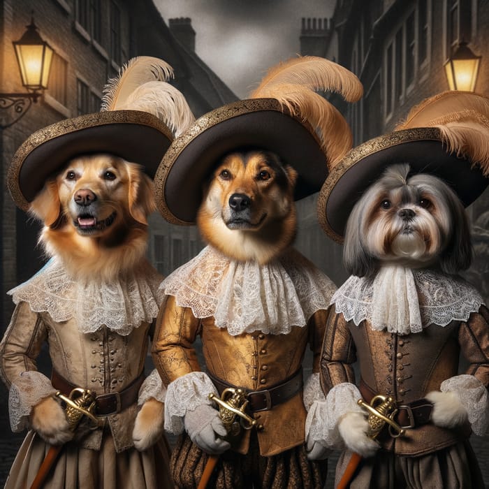 Three Dog Musketeers: Canine Renaissance Trio in 17th Century Attire