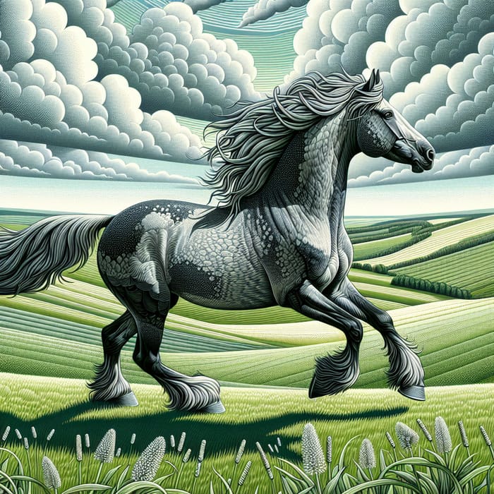 Majestic Grey Horse Running in Green Field