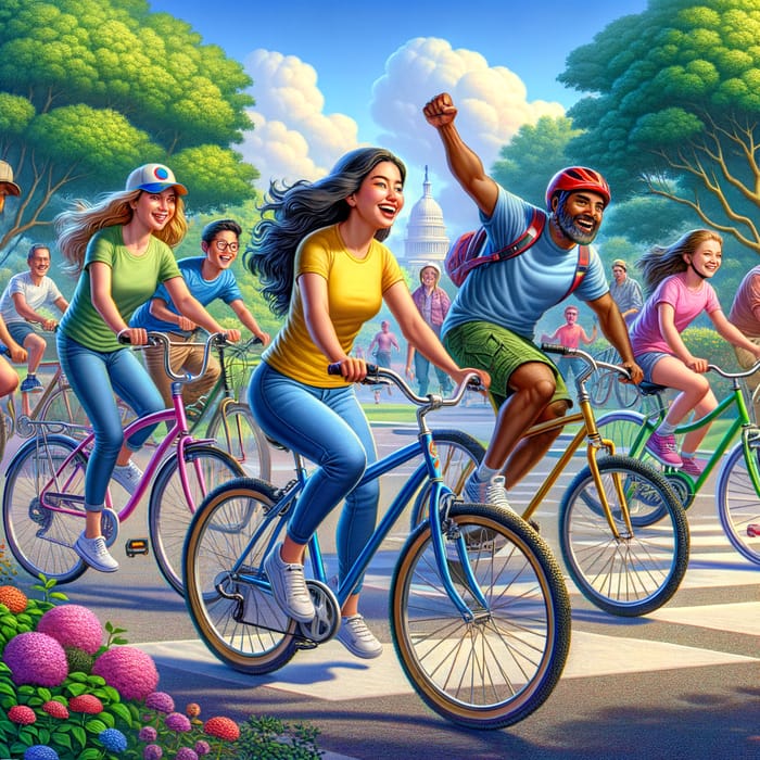 Diverse Group Riding Bikes in Colorful Park Setting