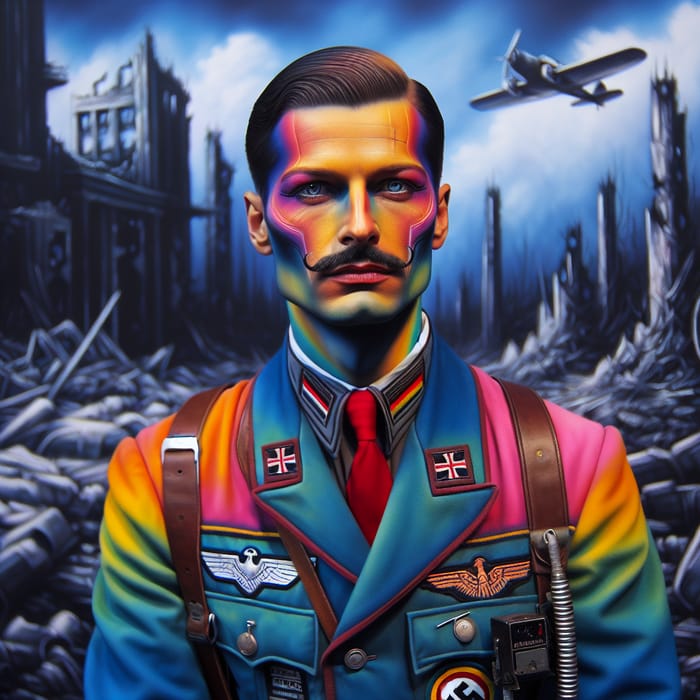 Giger-Style German Pilot Amid Devastation - Dark-Haired Mustachioed Character