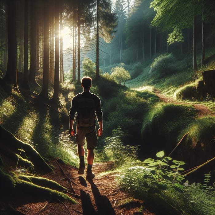Young Man Walking in Serene Sunlit Woods