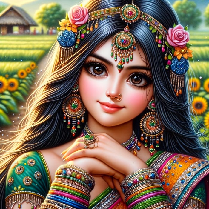 Captivating Indian Woman in Traditional Attire | Lush Green Fields View