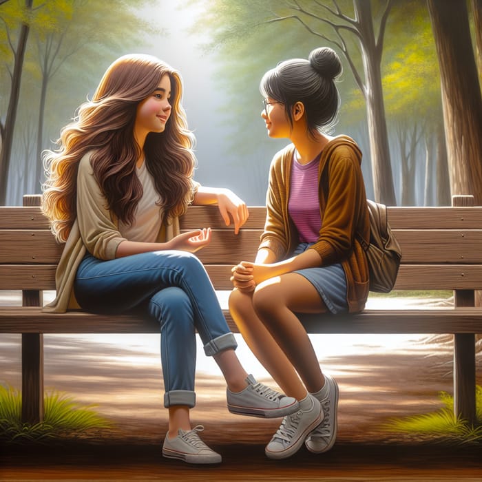 Girls Chatting on Bench: Warm Friendship in Outdoors
