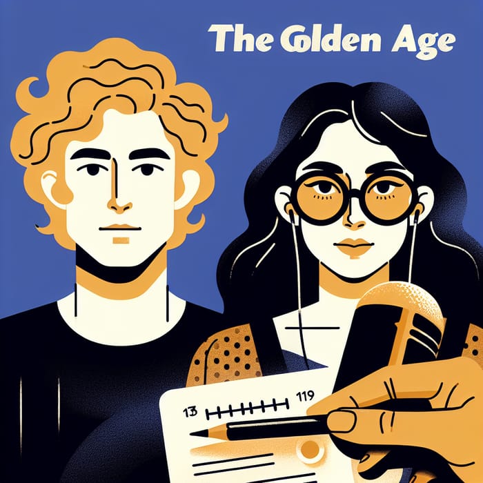 The Golden Age Podcast Cover | Blonde Curly Haired Young Man & Brunette Woman in Black Glasses