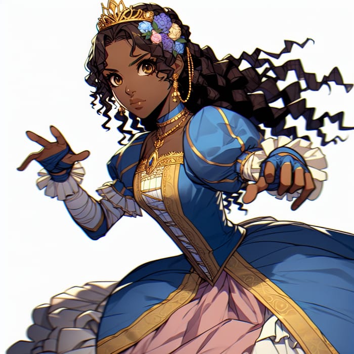 Anime Teenage African-American Princess Street Fighter in Blue Pink Gold
