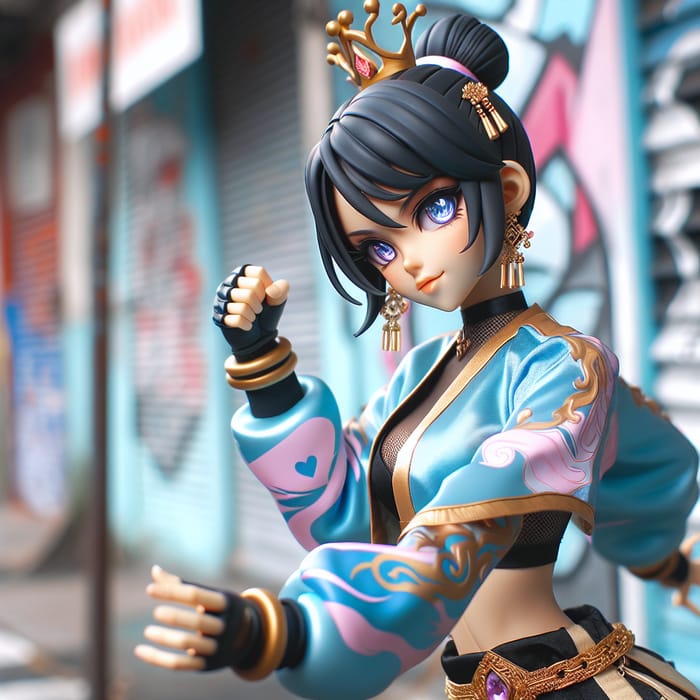 Anime Teenage Black Princess: Street Fighter in Blue Pink Gold