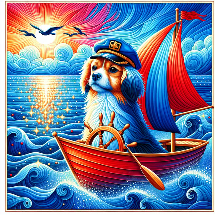 Medium-Sized Dog Sailing Boat in Blue and Red on Sparkling Ocean