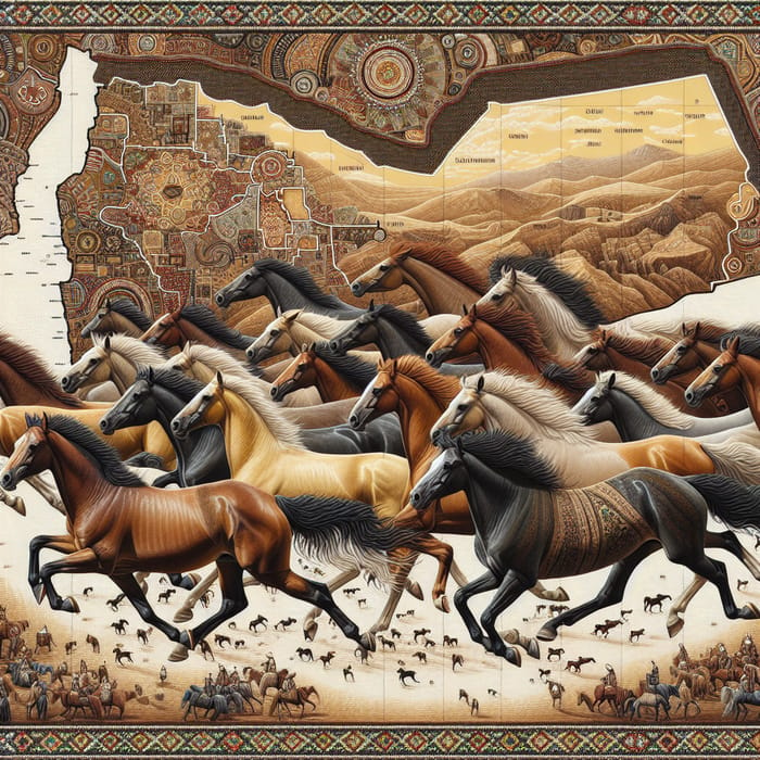 Majestic Horses in Yemen Map with Sadu Style Effect, AI Art Generator