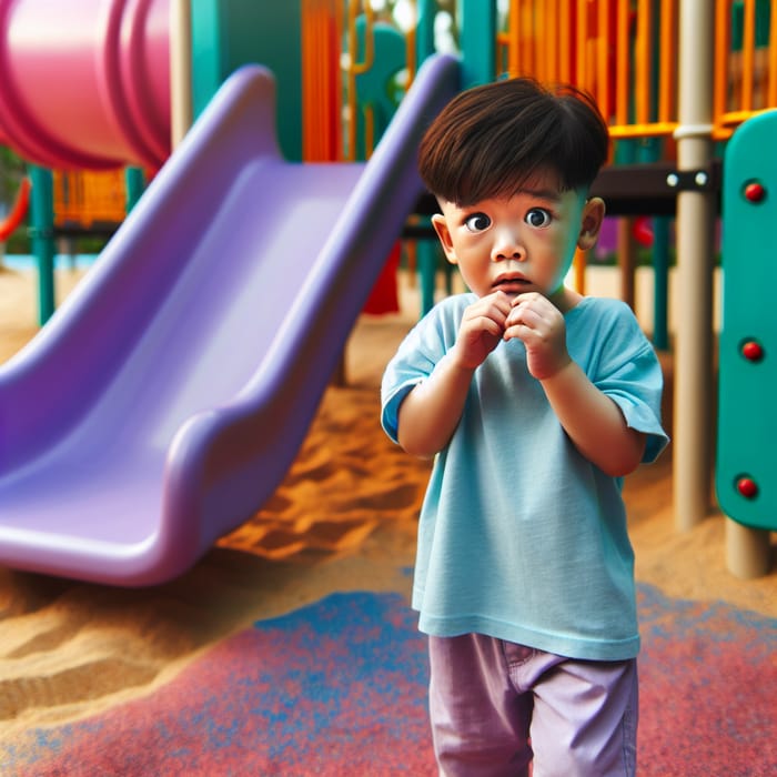 Frightened Chinese Boy in Light Blue Shirt at Playground