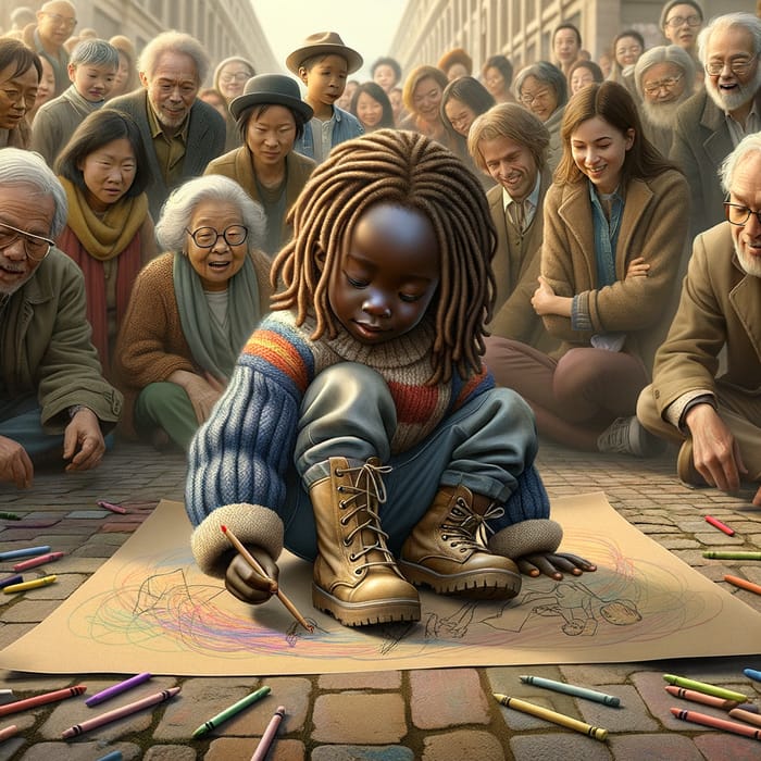 Multicultural Crowd Watches African Child Drawing Art