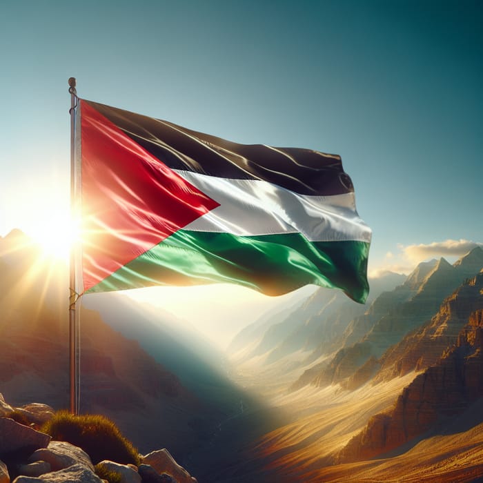 Shining Flag of Palestine on Mountain Top