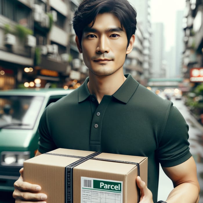 Asian Delivery Man in Dark Green Polo Shirt with Parcel Box