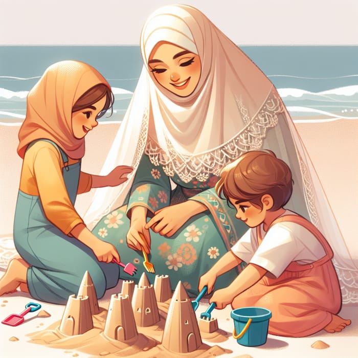 Children Playing in Sand with Their Veiled Mother | Sunny Fun