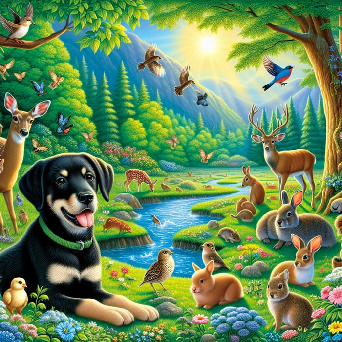 Peaceful Black Dog Among Wild Creatures in Nature