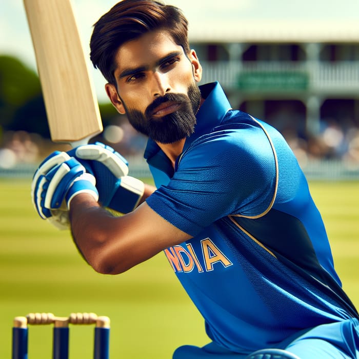 Powerful South Asian Cricket Player Batting in Blue Jersey