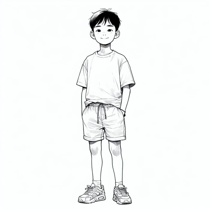 Black and White Sketch of 8-Year-Old Asian Boy