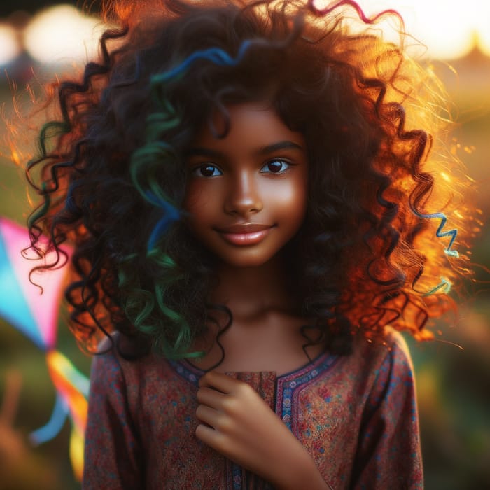 Dark-Skinned Indian Girl with Vibrant Curly Hair Outdoors | Joyful Moment