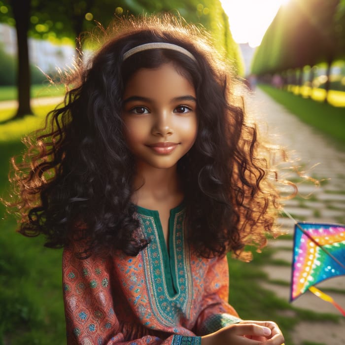 Dark Skin Indian Girl with Curly Hair in Beautiful Park Setting