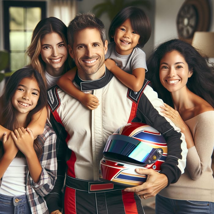 Diverse Family Portrait With Race Car Driver Father