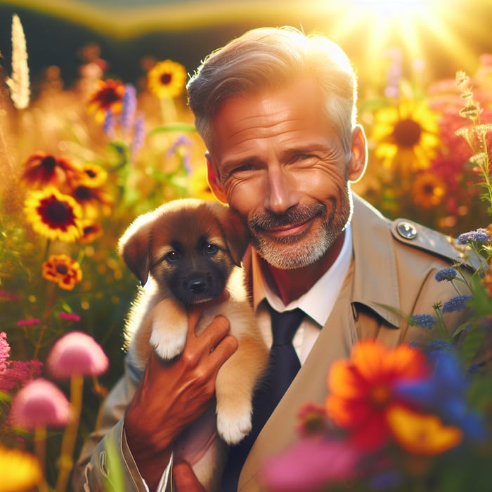 Thomas Mark Harmon Embracing Puppy Amidst Wildflowers & Sunshine