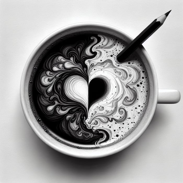 Black and White Coffee Cup with Heart Design Drawing