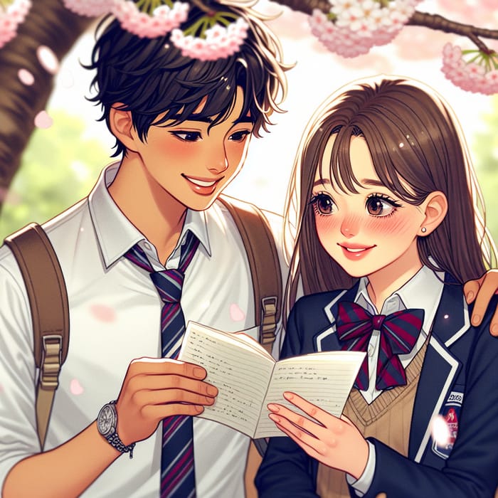 Young couple in love under cherry blossom tree