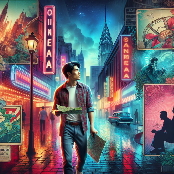 In Search of Cinema: Asian Man Roaming Vibrant City at Dusk