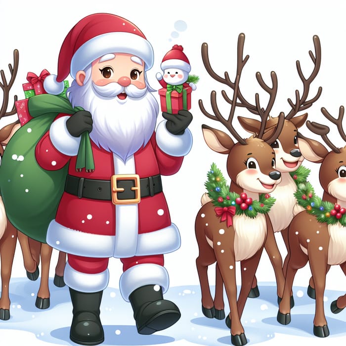 Santa Claus and Reindeers on White Background | Festive Scene