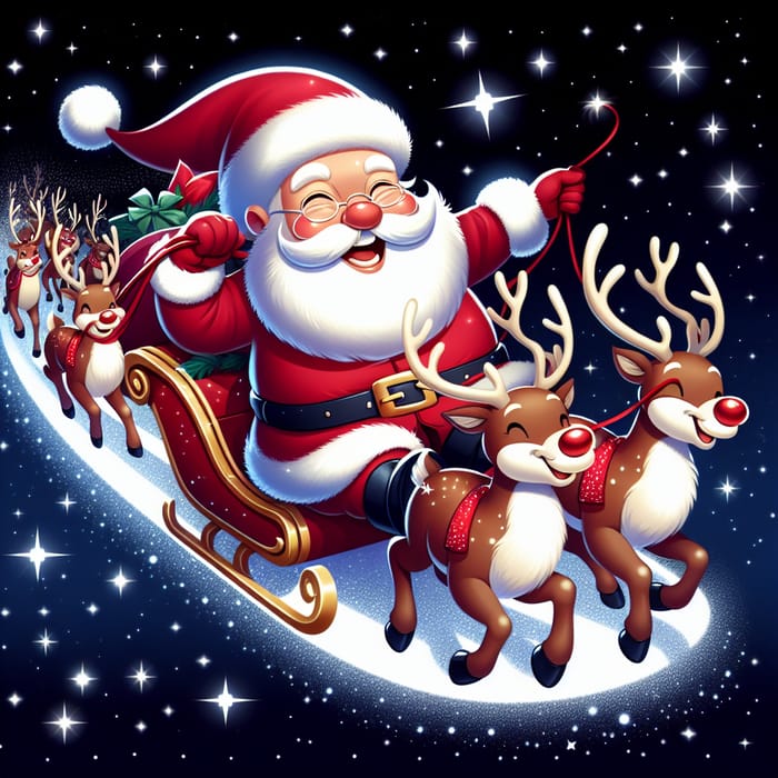 Santa Claus and Reindeer in Winter Night Scene